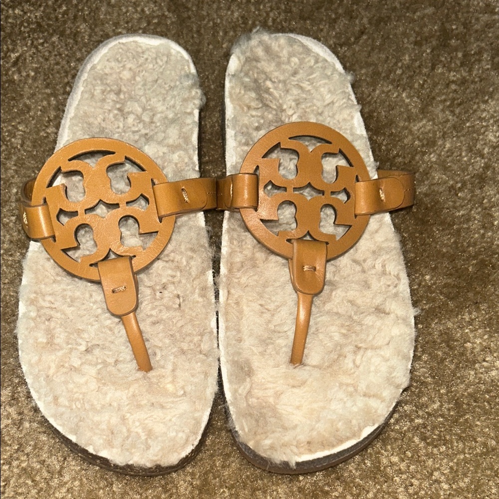 Tan Tory Burch Shearling Women's Sandals